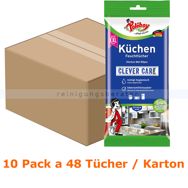 Poliboy XXL Küchen Feuchttücher Karton Feuchttücher 10 Pack a 48 Tücher, Feuchttücher ideal für die Küche 4904810