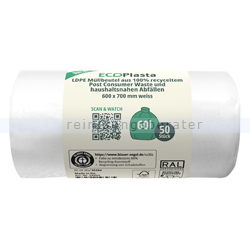 Müllbeutel EcoPlasta weiß 60 L 14 my (Typ 20) 50 Stück/Rolle