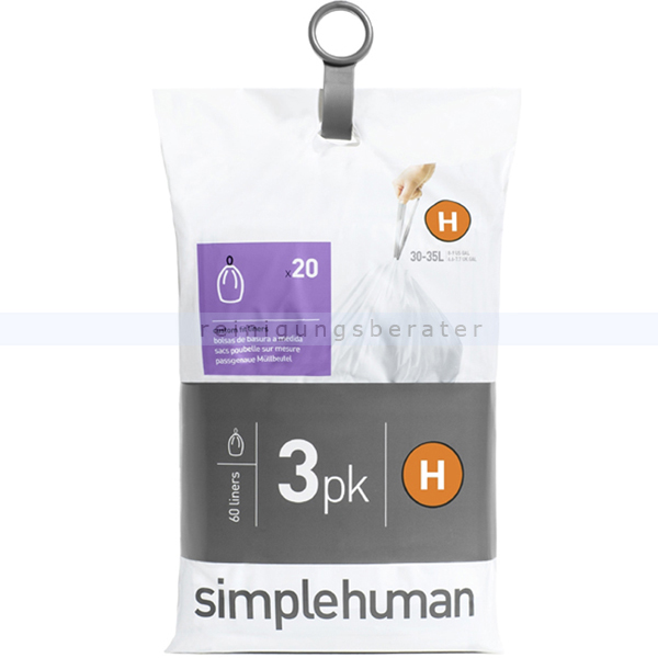 Müllbeutel Simplehuman code H, 3x Pack mit 20 Stück, 30-35 L