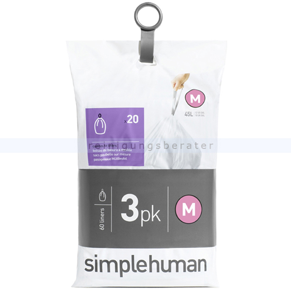 Müllbeutel Simplehuman code M, 3 x Pack mit 20 Stück, 45 L
