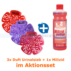 Urinalsieb Testset mit 3 Duft-Urinalsieben & 1 x Milizid